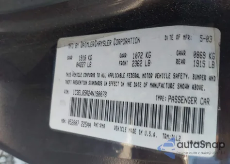 2004 Chrysler Sebring Limited из США, поврежденный, VIN 1C3EL65R24N190078